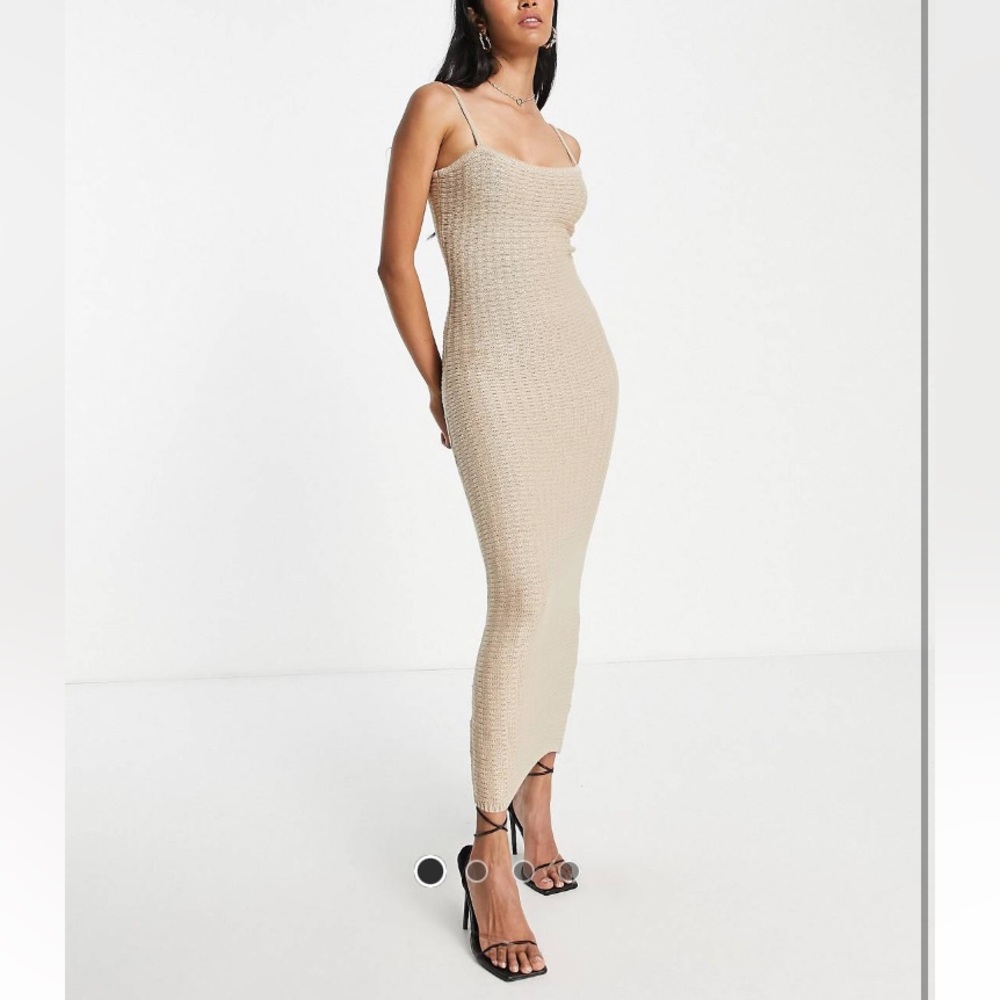 Pretty Lavish Keisha Knitted Crochet Textured Beige Maxi Dress S